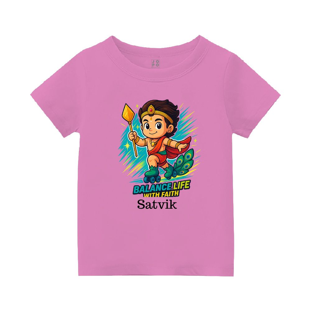 Pink t-shirt, Lord balamurugan with Skating Roller and text Balance Life With Faith'