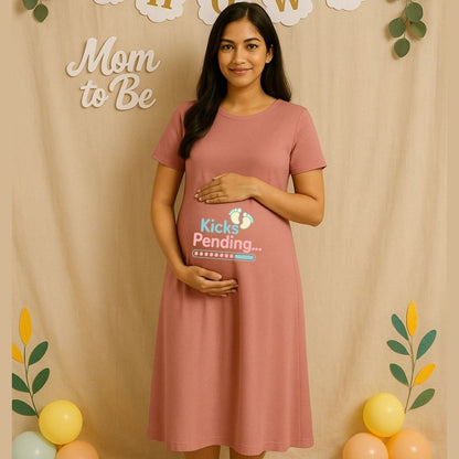 Plum Dress with 'Kicks Pending' text and Baby Footprint design printed