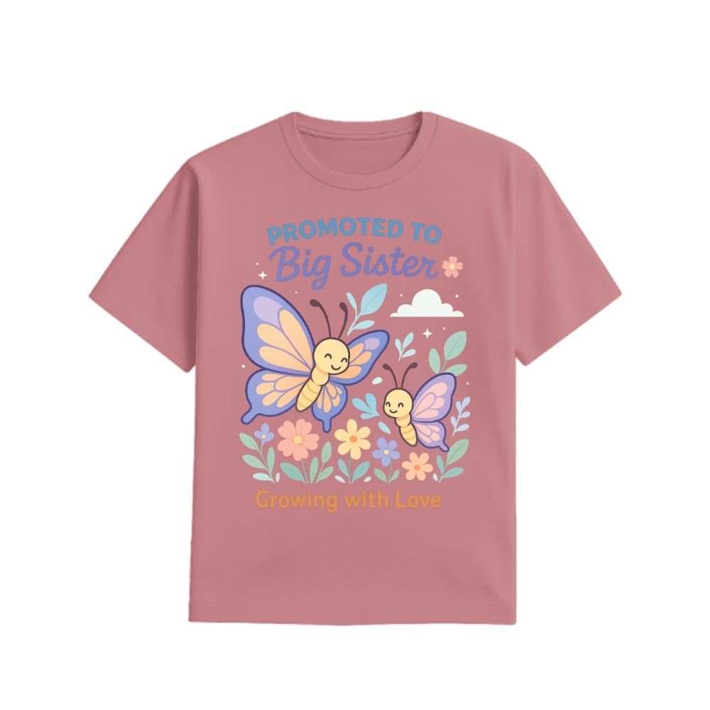 Plum t-shirt Two butterflies with text 'Promoted to Big Sister' and 'Growing with Love' 