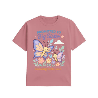 Plum t-shirt Two butterflies with text 'Promoted to Big Sister' and 'Growing with Love' 