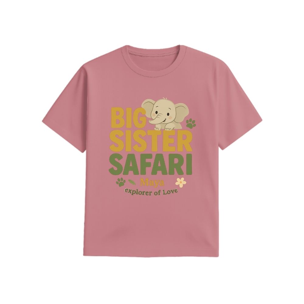 Plum t-shirt with 'Big Sister Safari' text and elephant graphic