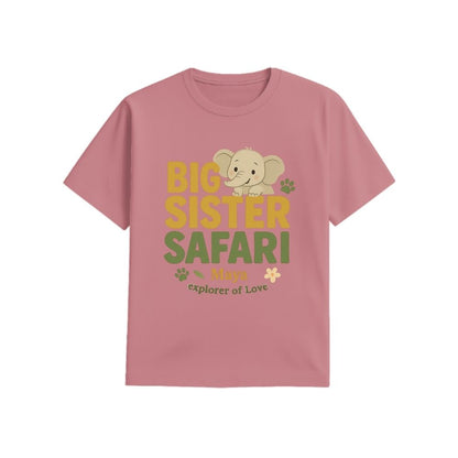 Plum t-shirt with 'Big Sister Safari' text and elephant graphic