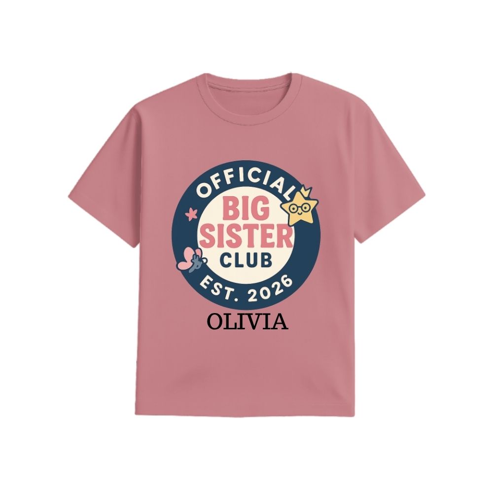 Plum t-shirt with 'Official Big Sister Club' Text and Badge design 