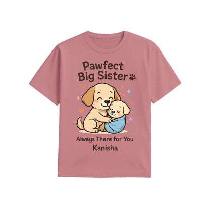 Plum t-shirt with cartoon dogs and text 'Pawfect Big Sister' Always there for you