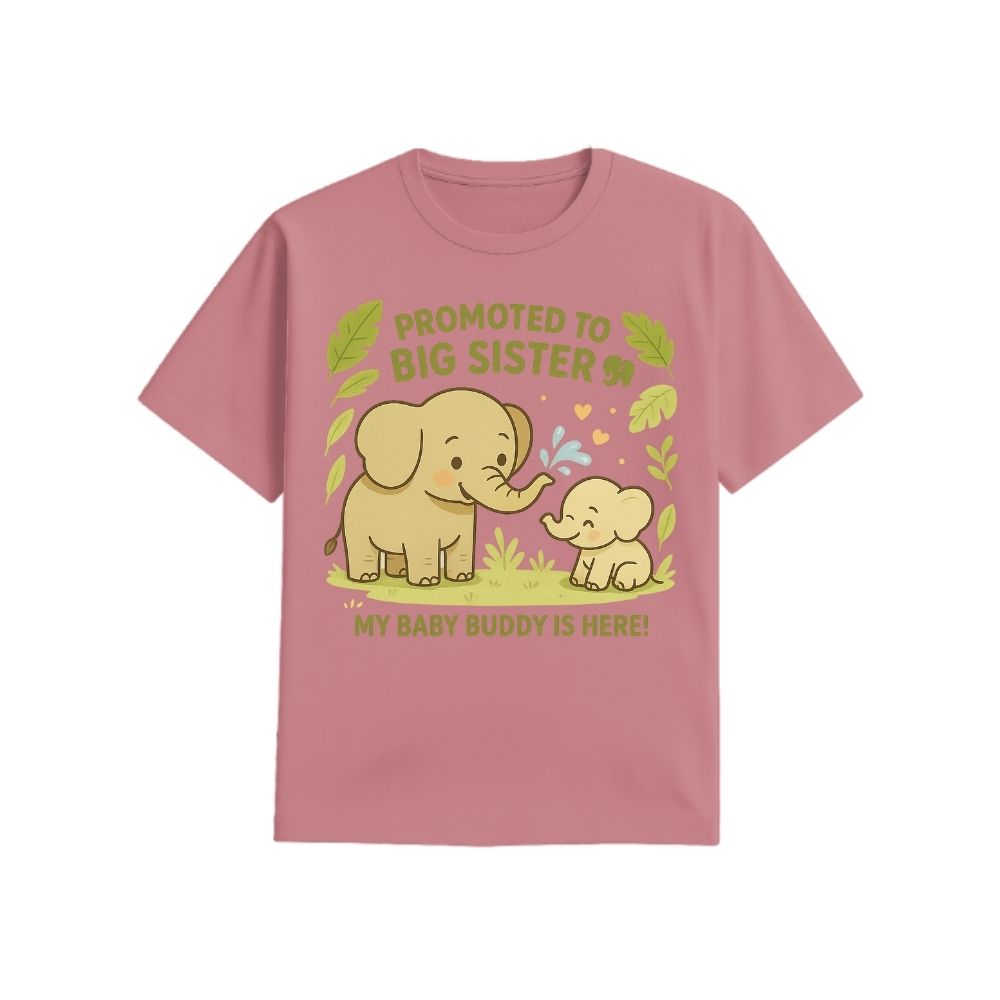 Plum t-shirt with elephant design and text 'Promoted to Big Sister' with My Baby Buddy is Here!