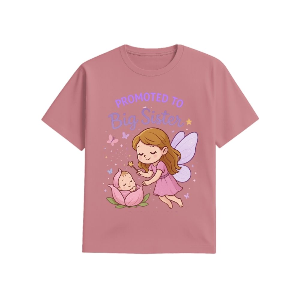 Plum t-shirt with fairy and baby graphic and 'Promoted to Big Sister' text on a white background
