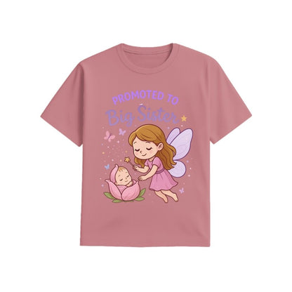 Plum t-shirt with fairy and baby graphic and 'Promoted to Big Sister' text on a white background