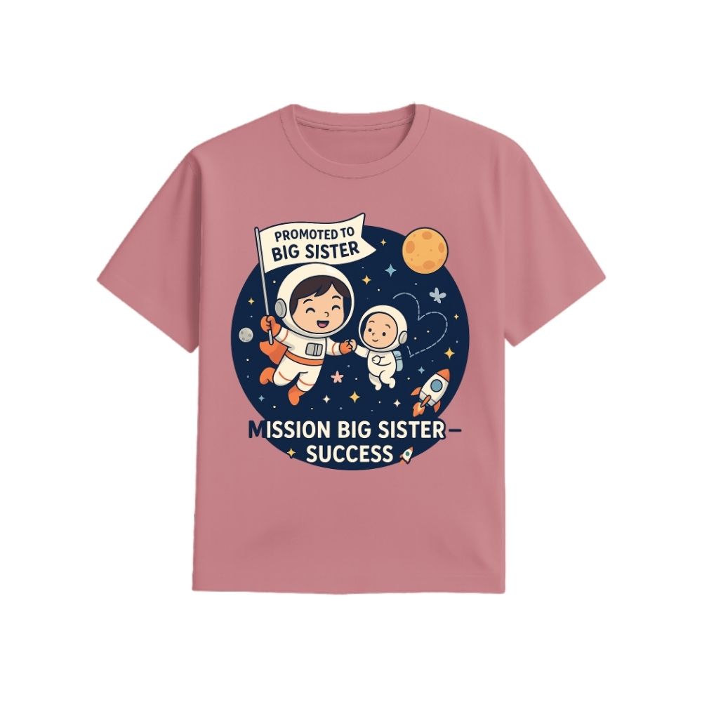 Plum t-shirt with space-themed design and text 'Promoted to Big Sister'