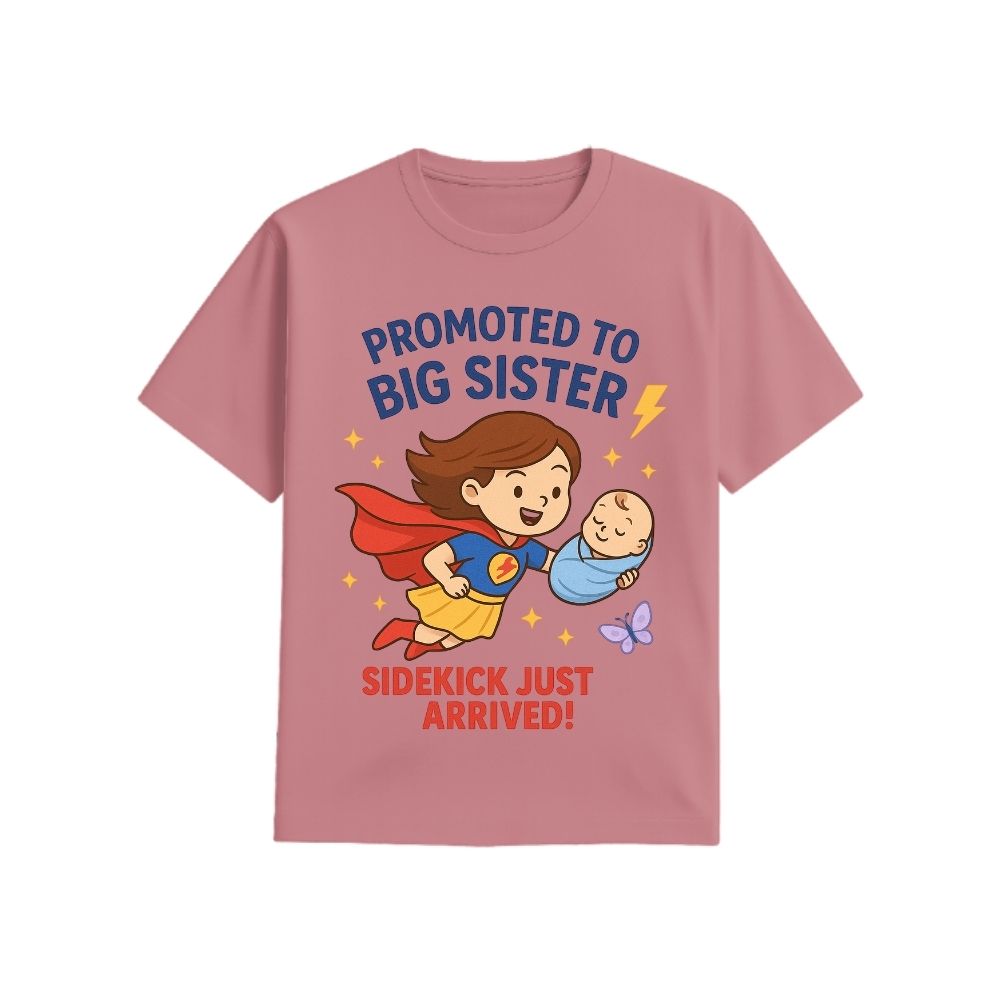 Plum t-shirt with superhero design and text 'Promoted to Big Sister, Sidekick Just Arrived!' 