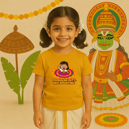 Pookalam Duty Reporting Onam Special Mustard Kids Tshirt