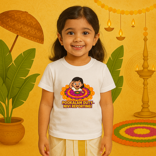 Pookalam Duty Reporting Onam Special White Kids Tshirt