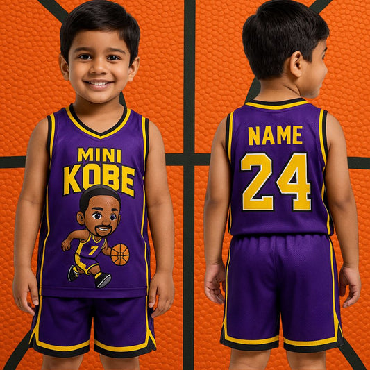 Purple basketball jersey with cartoon character and text 