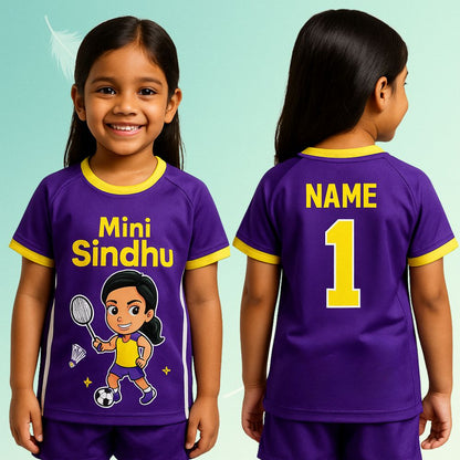 Purple sports jersey with 'Mini Sindhu' Cartoon design. Name and Number Print