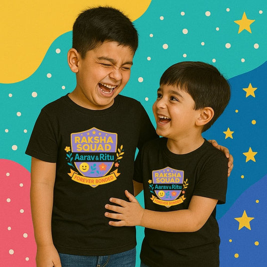 “Custom Raksha Squad Forever Bonded kids’ tees with bright badge logo and sibling names.”