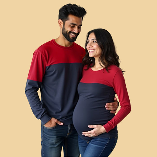 Matching Color Block Maternity Couple T-shirts in Plain Red-Navyblue Colors.