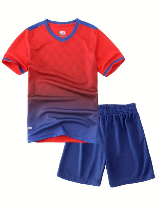 Kids' soccer jersey and tshirt shorts set in red and royalblue.