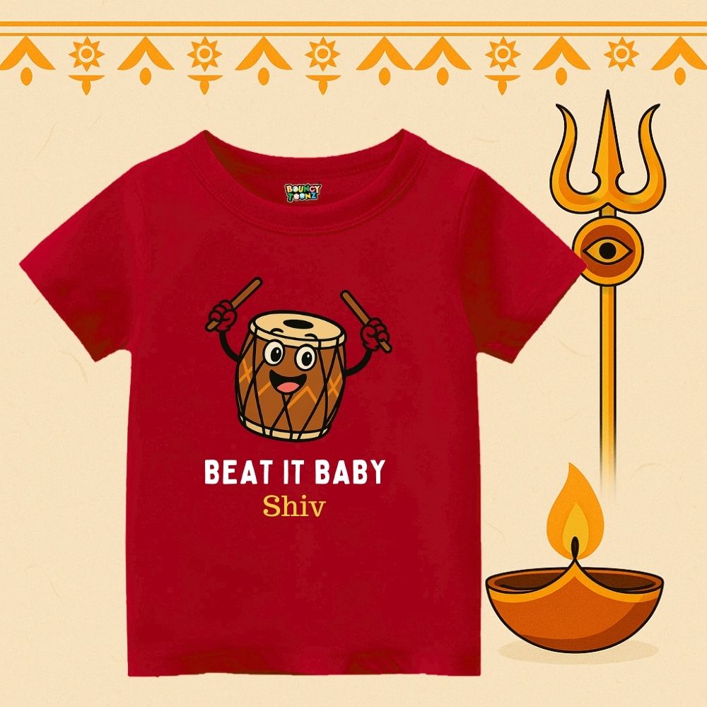 Red Kids t-shirt with a cartoon drum and text Beat it Baby