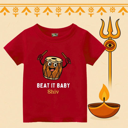 Red Kids t-shirt with a cartoon drum and text Beat it Baby