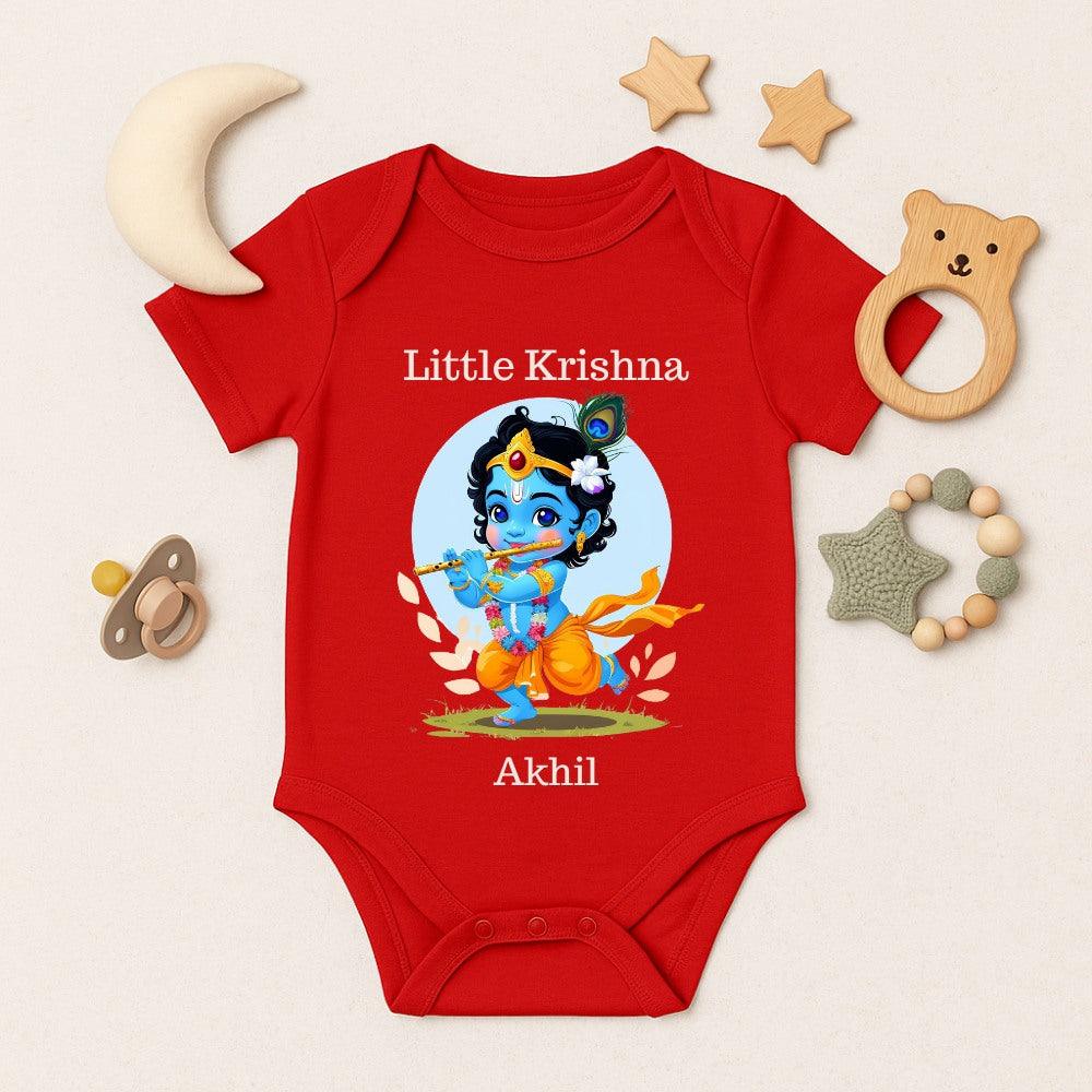 Red Personalised baby onesie, Dancing Little Krishna, Flute Design cartoon design printed