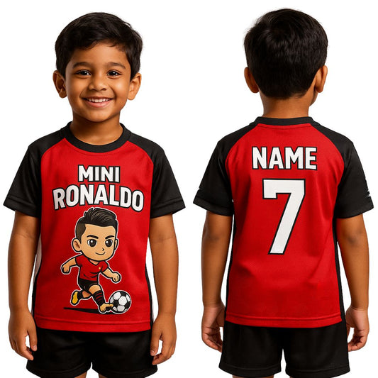 Red and black sports jersey with cartoon character and text 