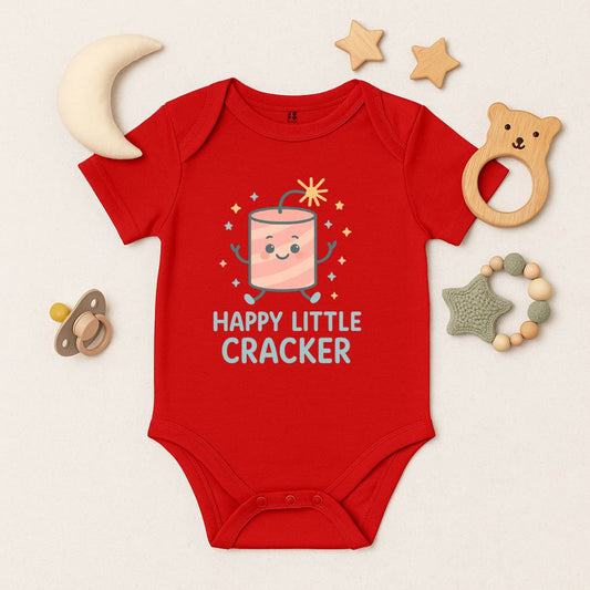 Red baby onesie with 'Happy Little Cracker' design 