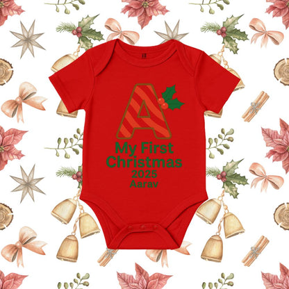 Red baby onesie with 'My First Christmas 2023' with name text 