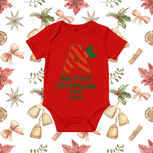 Red baby onesie with 'My First Christmas 2023' with name text 