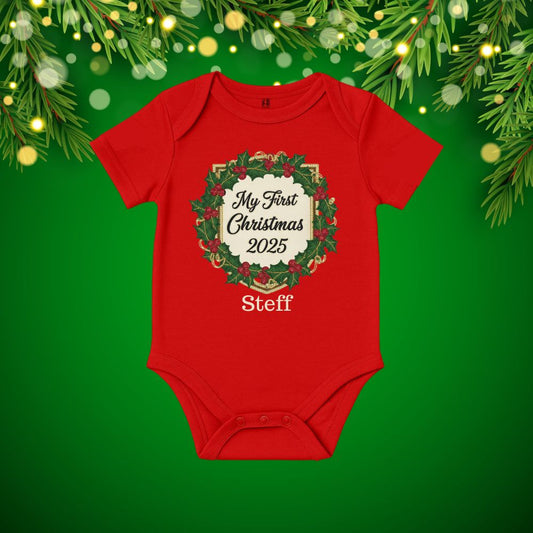 Red baby onesie with 'My First Christmas 2025' text 
