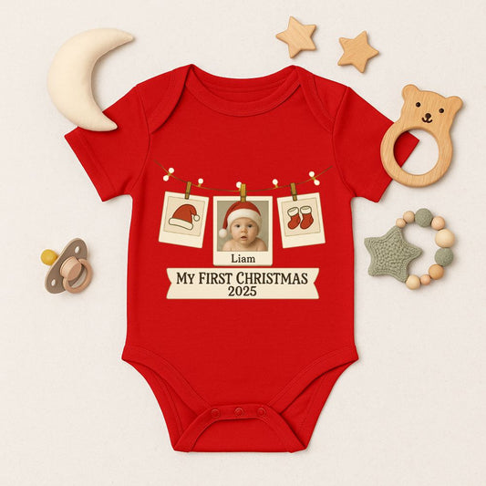 Red baby onesie with 'My First Christmas 2025' text and baby photos 