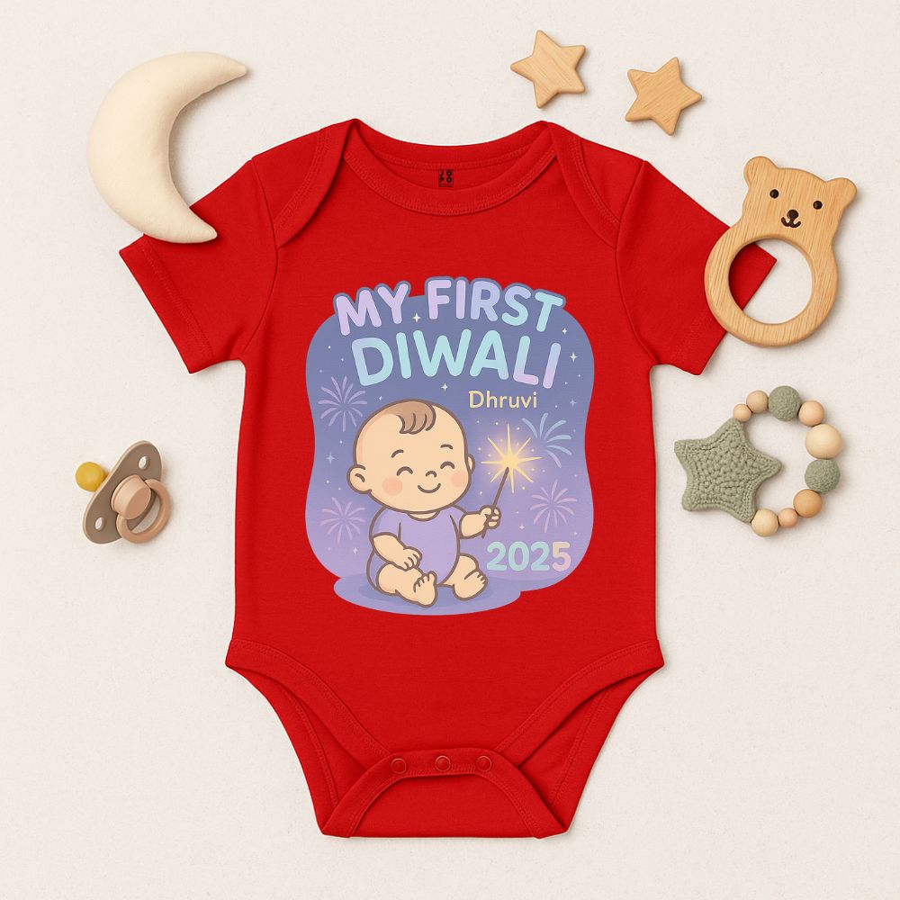 Red baby onesie with 'My First Diwali' design 
