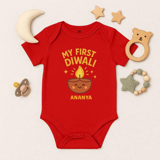 Red baby onesie with 'My First Diwali' text 