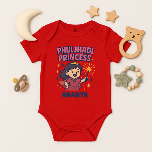 Red baby onesie with 'Phuljhadi Princess' design