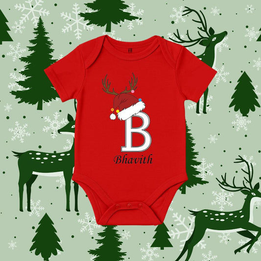 Red baby onesie with a Christmas hat and Reindeer design 