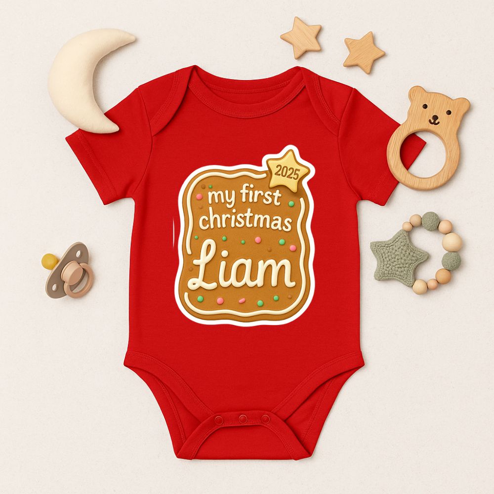 Red baby onesie with 'my first Christmas 2025' design