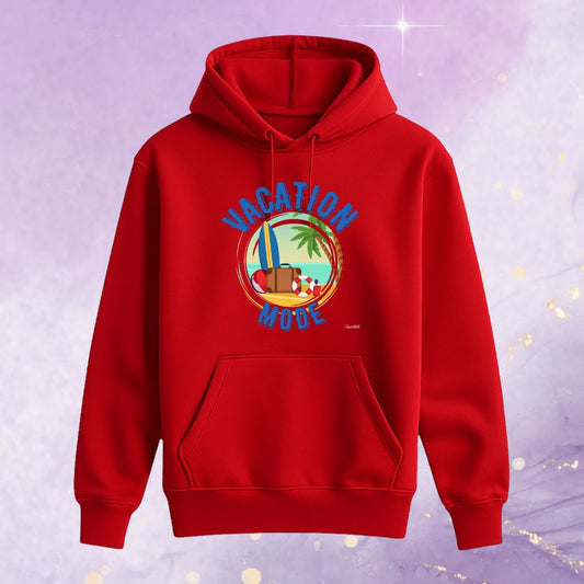 Red Kids hoodie with 'Vacation Mode' graphic front