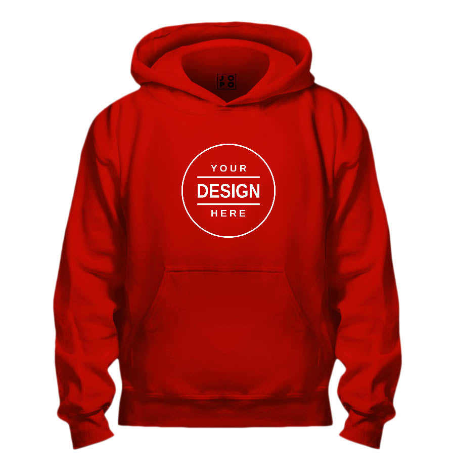 Red kids hoodie with a kangaroo pocket and a placeholder for a custom design text.