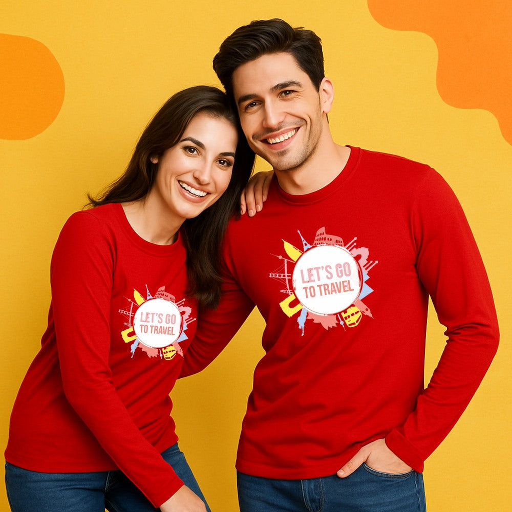 Red sweatshirts with 'Let's Go To Travel' Text with design 
