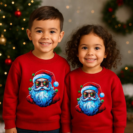 Red sweatshirts with a colorful Santa Claus design 