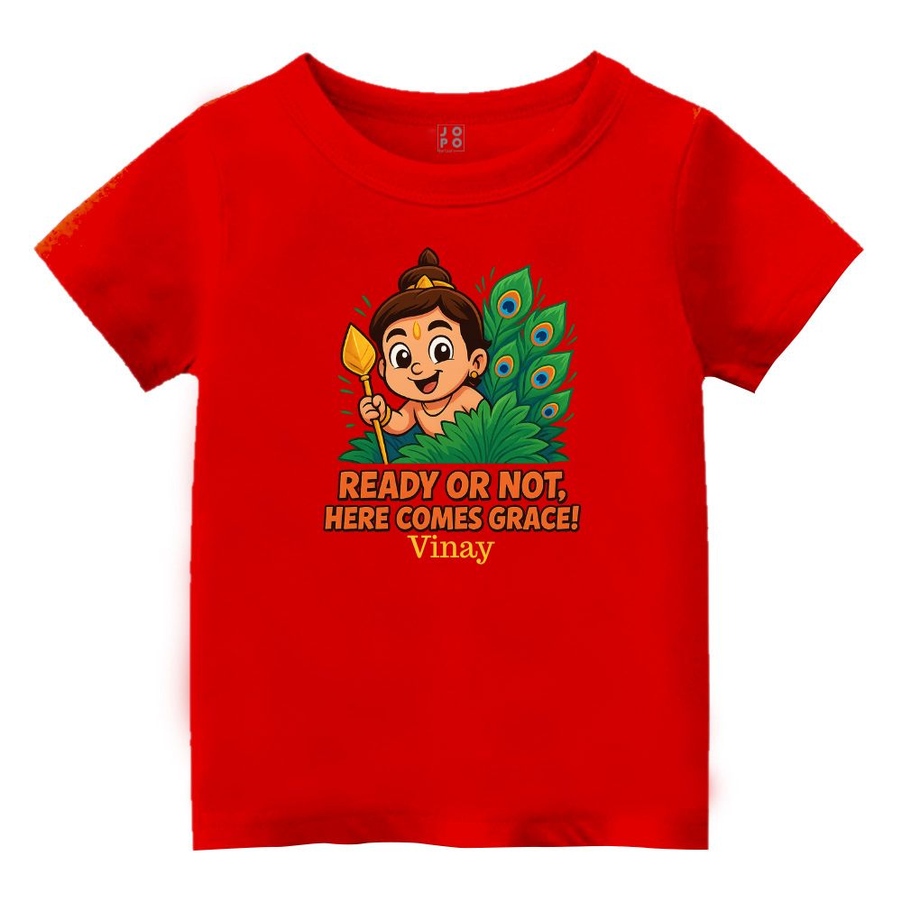 Red t-shirt, Balamurugan with vel and feather design and text  'Ready or Not, Here Comes Grace'! 