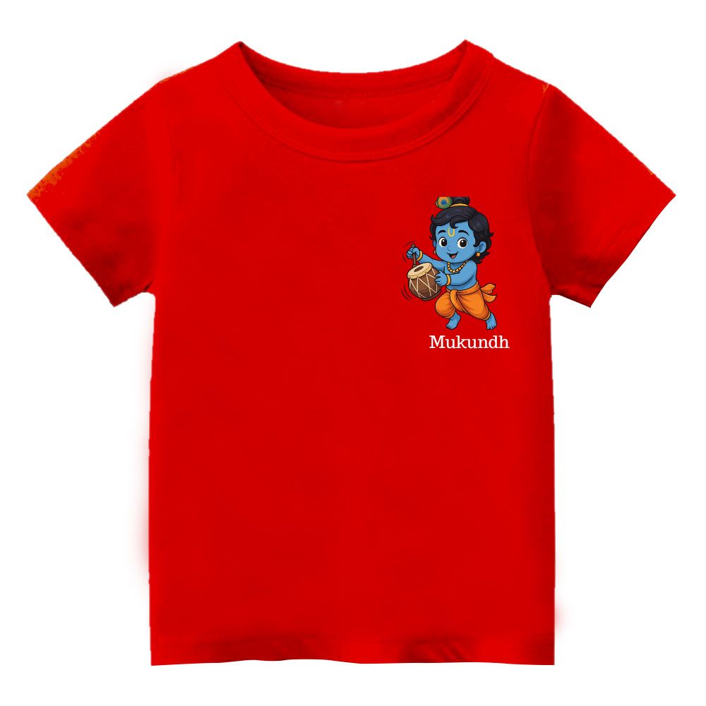 Red t-shirt, Cute Krishna and Drums Design cartoon and 'Mukund' text