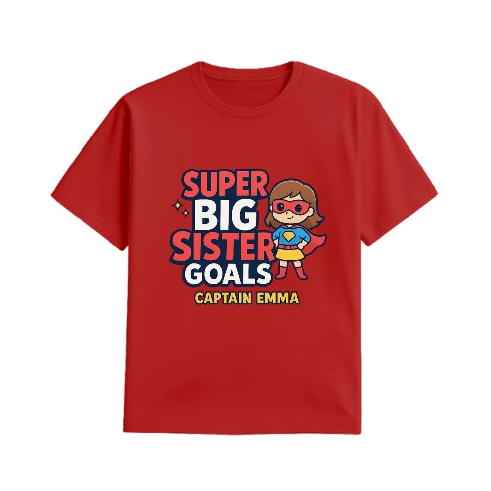 Red t-shirt,  Superhero Design Printed with "Super Big Sister Goals" and Captain text