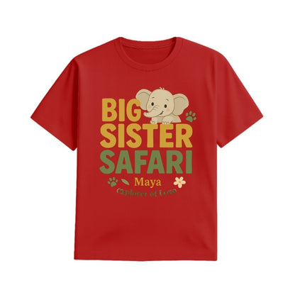 Red t-shirt with 'Big Sister Safari' text and elephant graphic