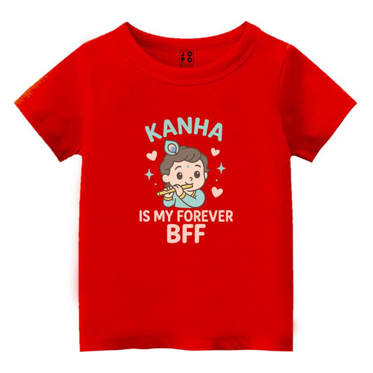 Red t-shirt with Kutti Krishna cartoon character design and 'Kanha Is My Forever BFF' text 