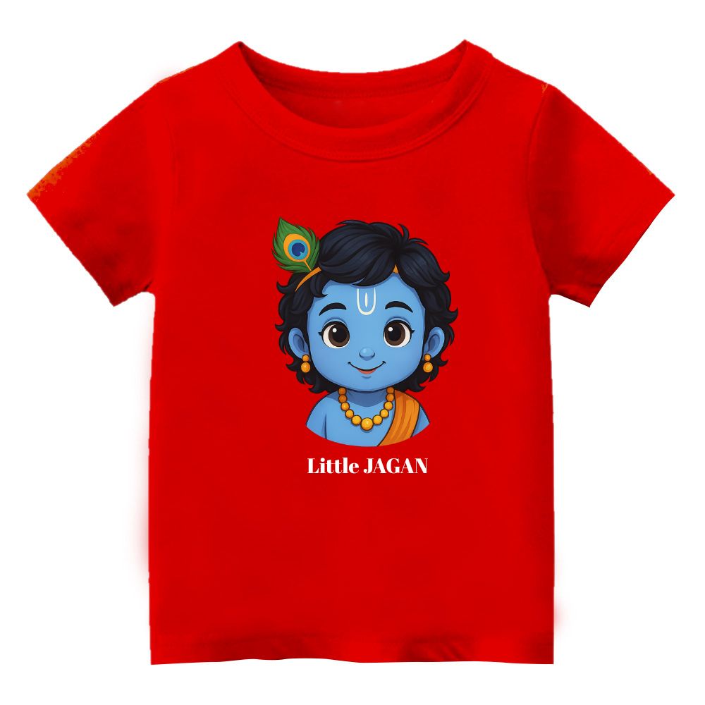 Red t-shirt with a cartoon character of Little Jagan Text
