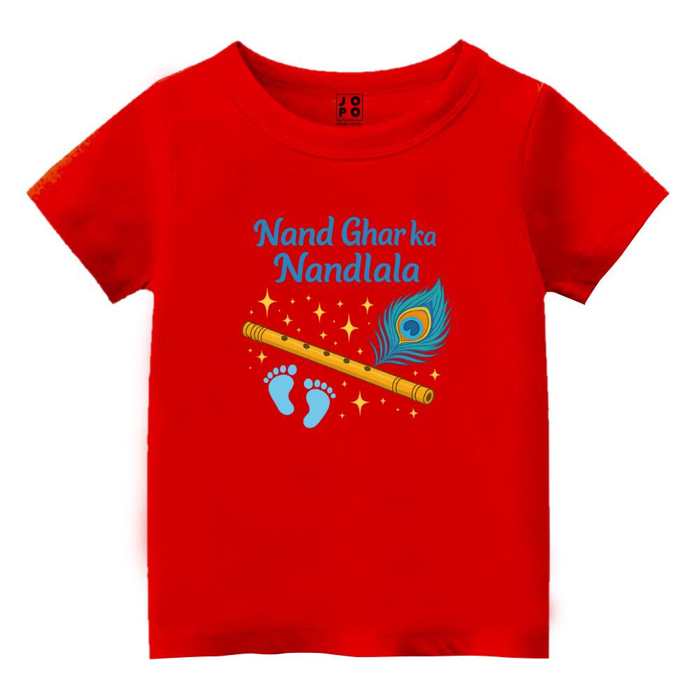 Red t-shirt with a flute and peacock feather design