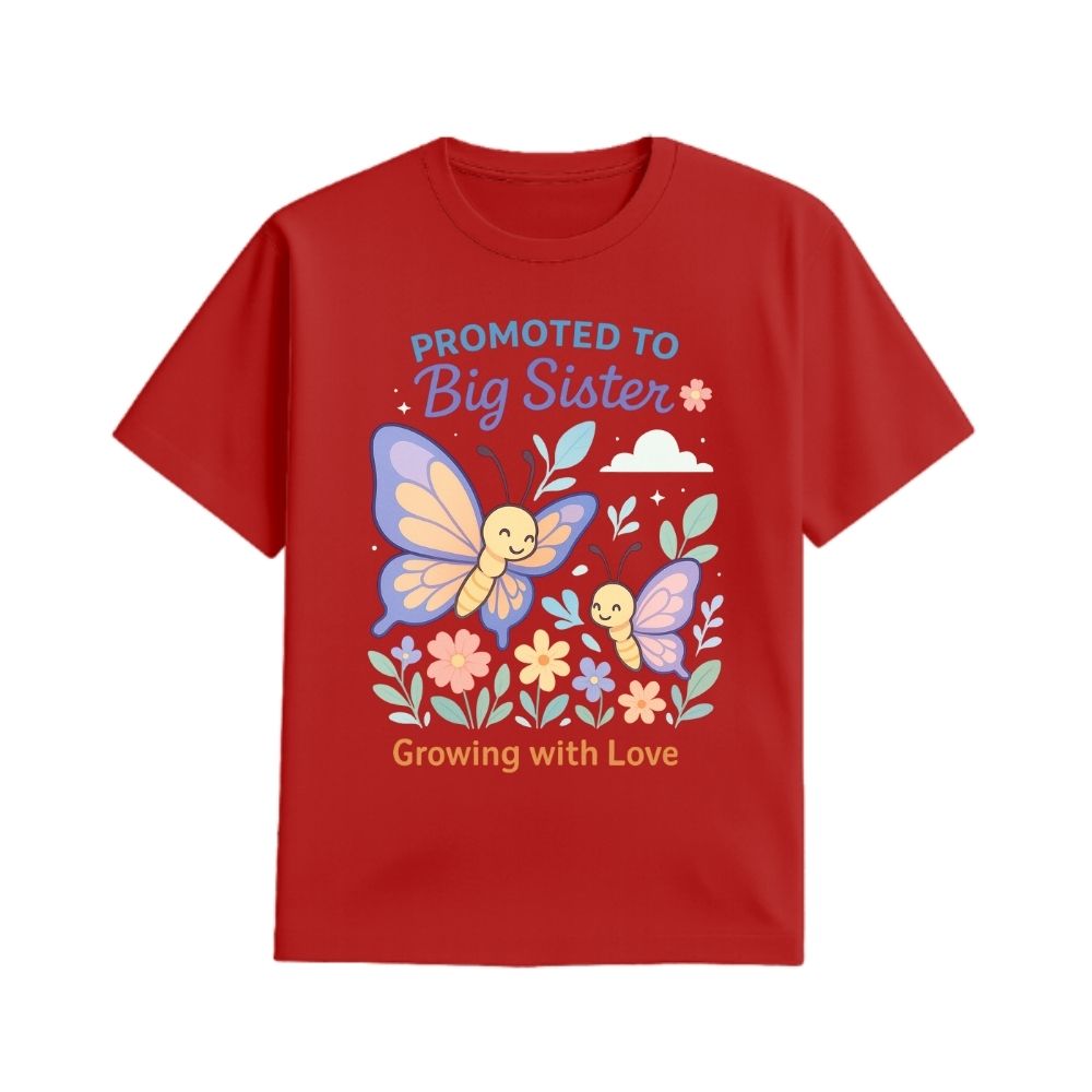 Red t-shirt with butterfly design and text 'Promoted to Big Sister Growing with Love' 