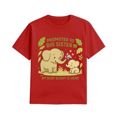 Red t-shirt with elephant design and text 'Promoted to Big Sister' with My Baby Buddy is Here!