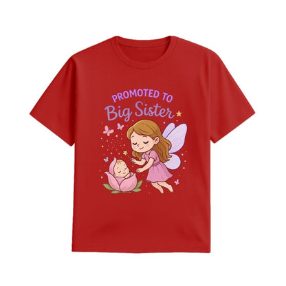 Red t-shirt with fairy and baby graphic and 'Promoted to Big Sister' text on a white background
