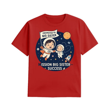 Red  t-shirt with space-themed design and text 'Promoted to Big Sister'