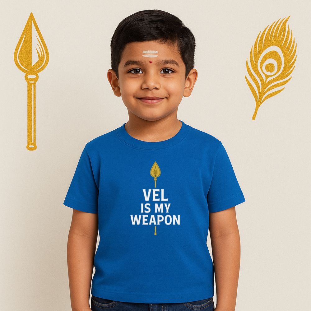 Royalblue Kids t-shirt with 'VEL IS MY WEAPON' 